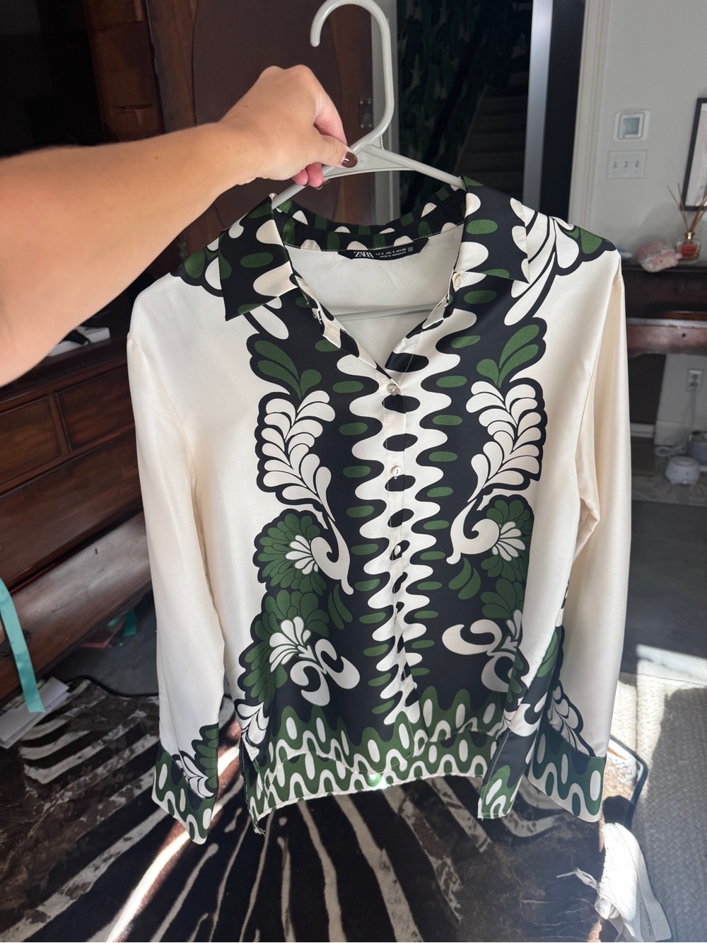 Zara Cream, Black & Green Printed Button-Down Shirt
